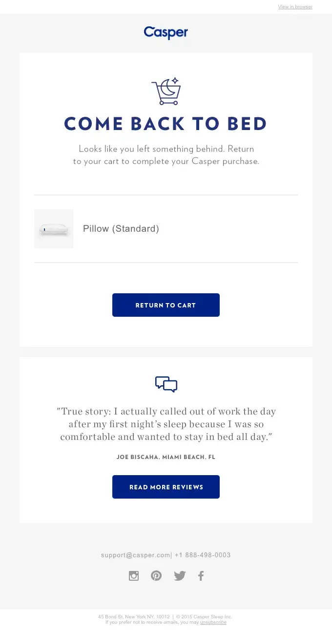 Abandoned cart email example from Casper showing forgotten items and a call-to-action