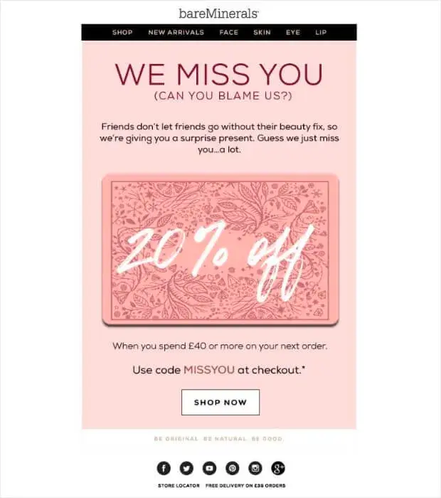 Re-engagement email from bareMinerals with a special offer to win back customers