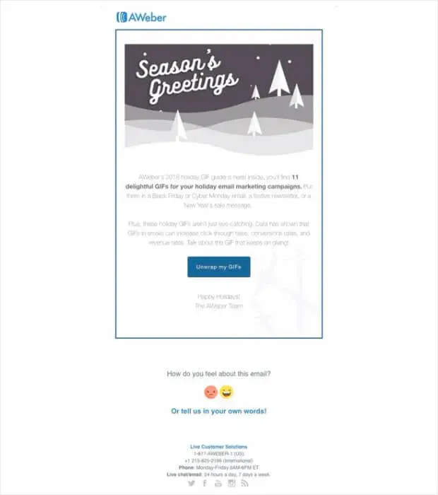 Seasonal holiday email template from AWeber with festive design and promotional content