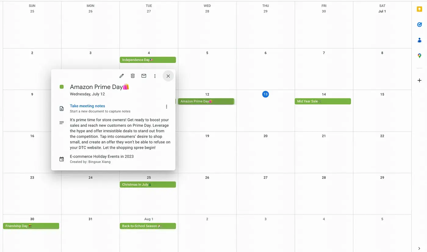 Screenshot of a marketing calendar showing various holidays and promotional dates