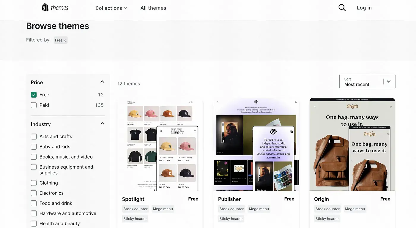 Shopify Theme Store homepage showing various theme options