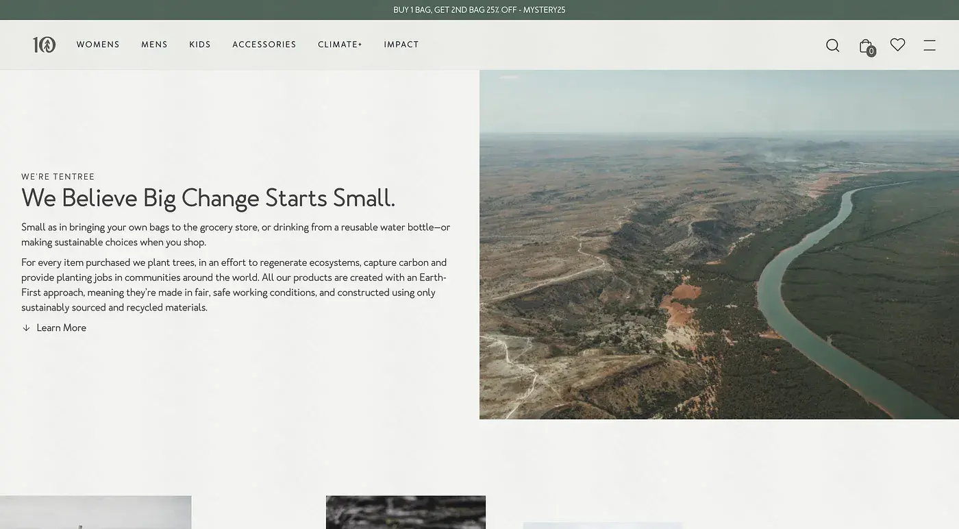 Tentree&#x27;s website homepage highlighting their commitment to planting trees