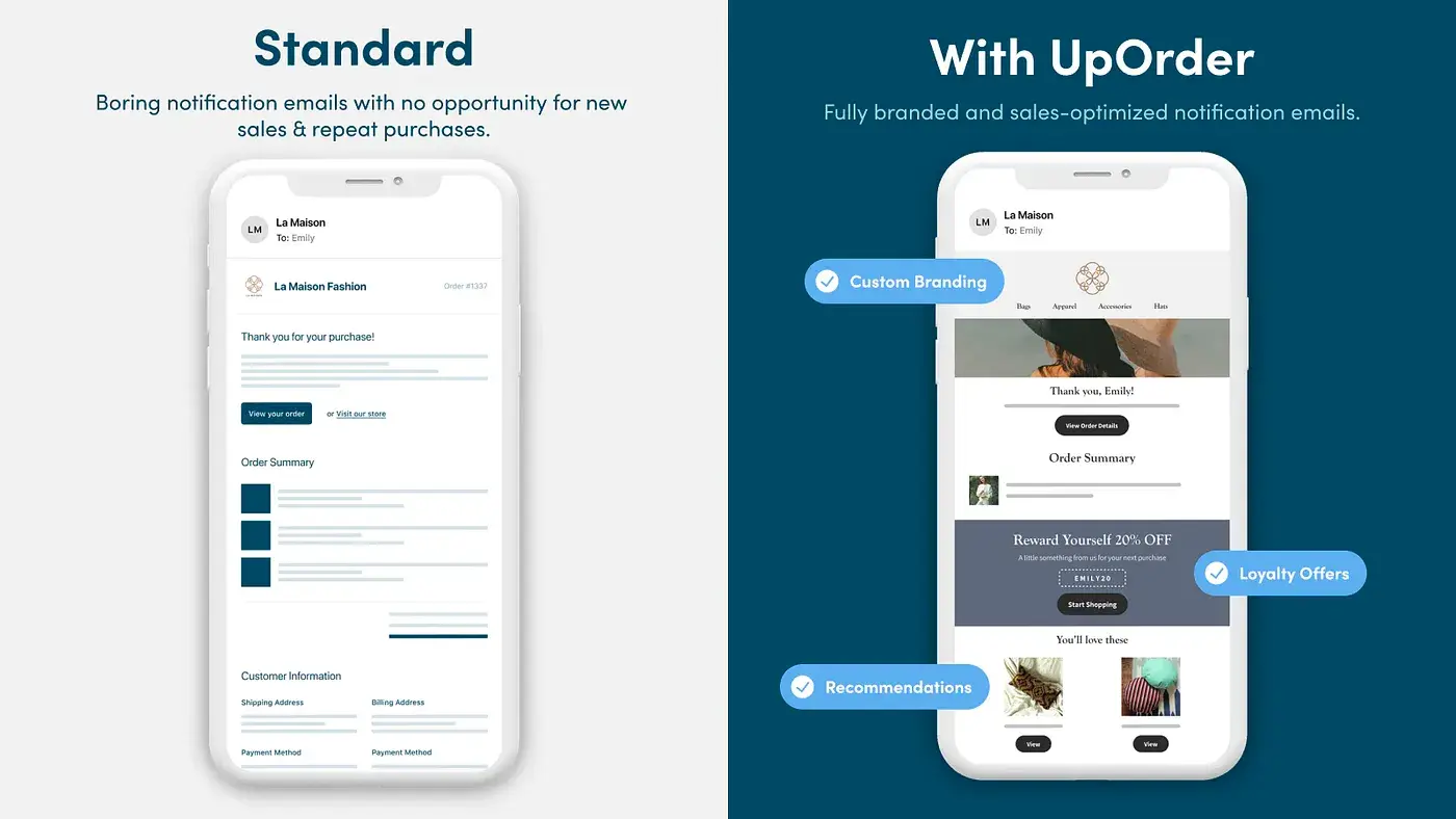 UpOrder app interface showcasing email template customization