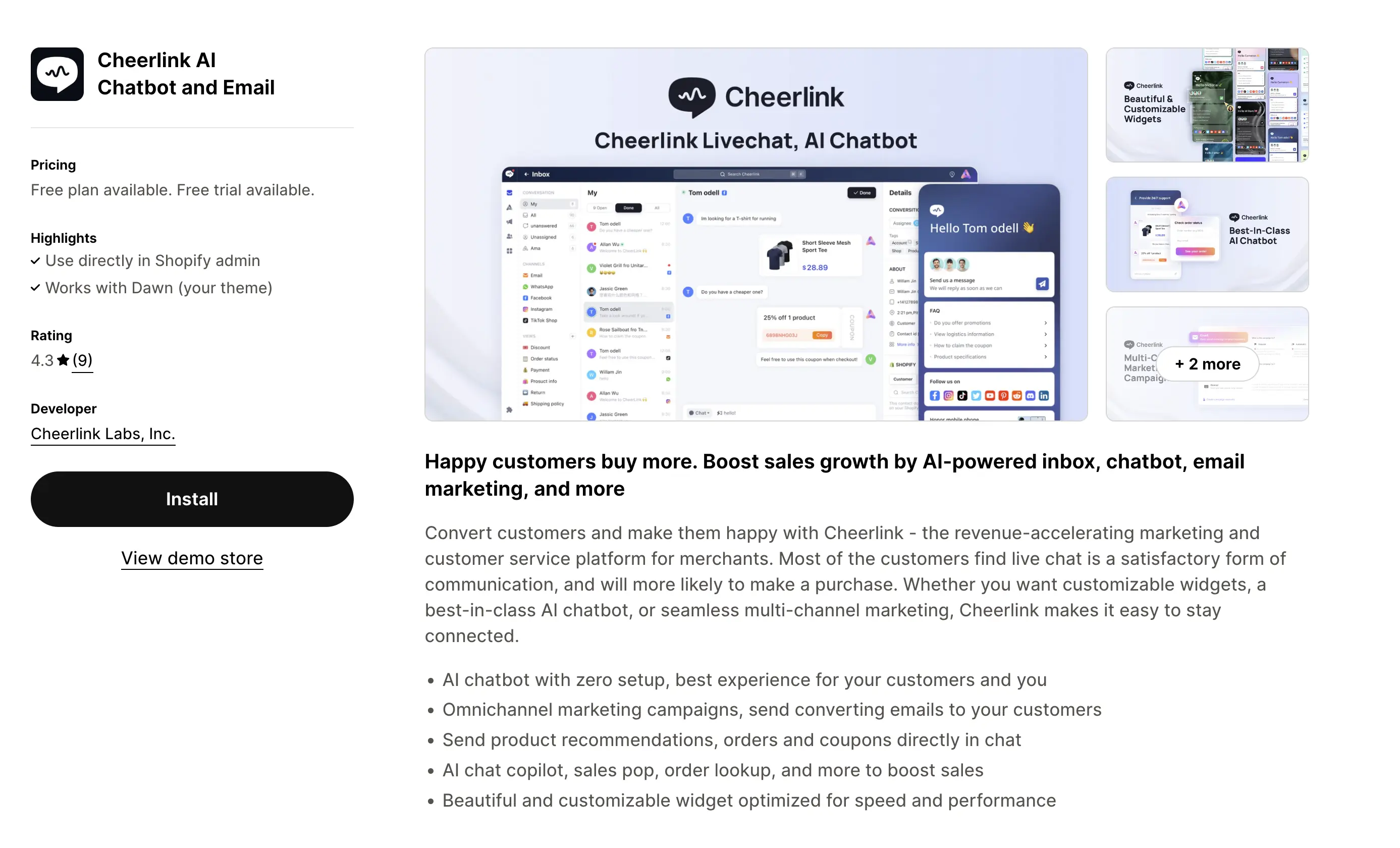 Cheerlink&#x27;s Detail Page in Shopify App Store