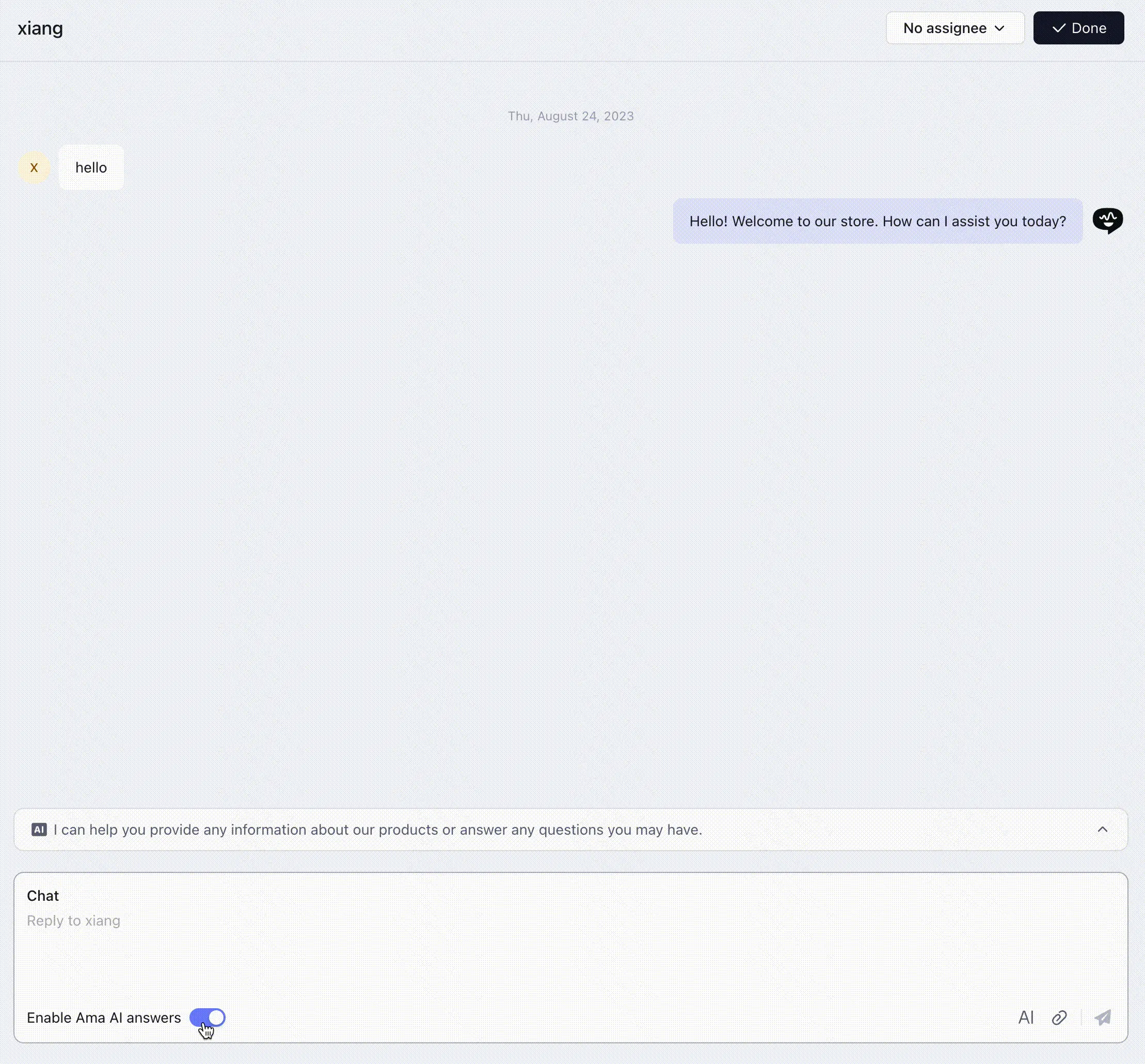 Screenshot of Cheerlink&#x27;s AI chatbot interface with human handoff option