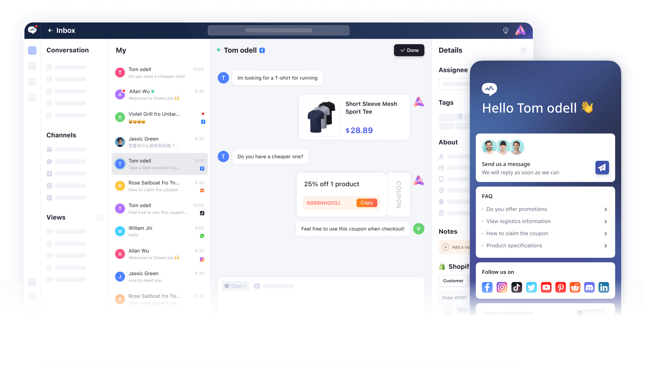 Cheerlink AI chatbot interface demonstrating real-time AI customer support interaction